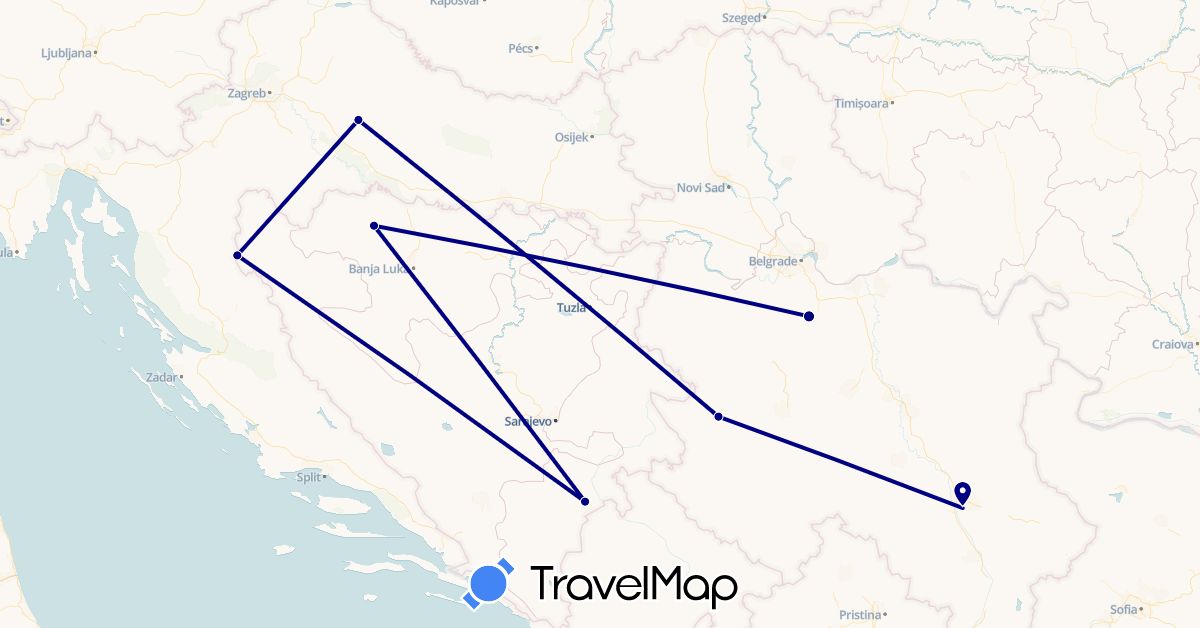 TravelMap itinerary: driving in Bosnia and Herzegovina, Croatia, Serbia (Europe)